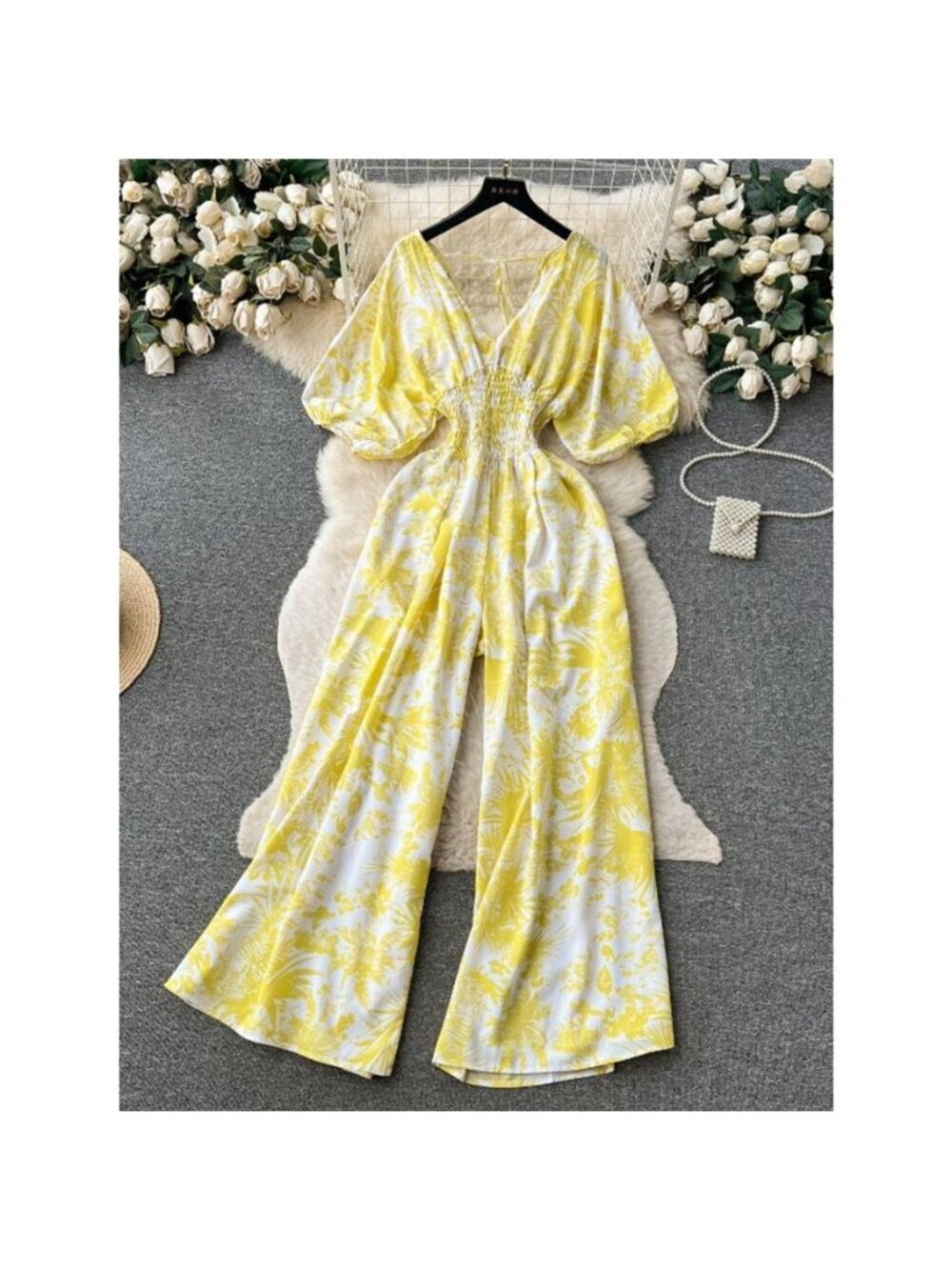 Smocked V-Neck Wide Leg Jumpsuit
